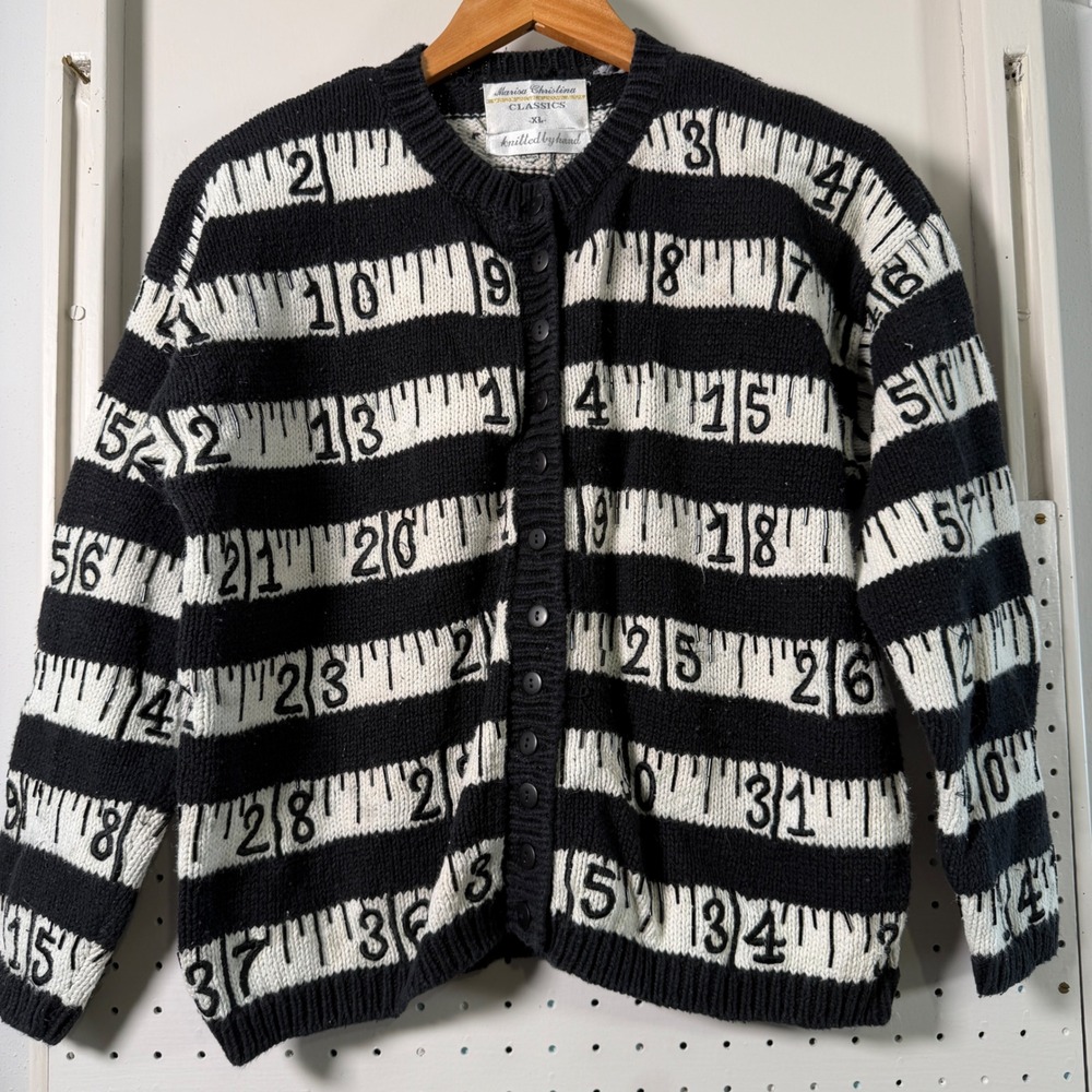 Marisa Christina Vintage Tape Measure Hand Knit Cardigan Sweater ruler teach XL